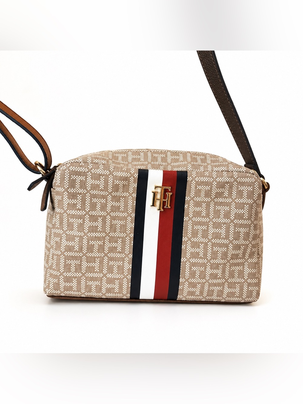Tommy Hilfiger Beige Logo Crossbody with Red White Navy Stripe